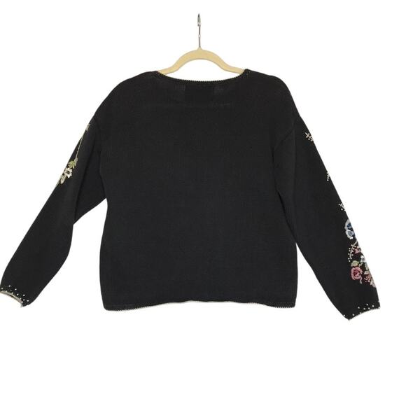 TIARA Vintage 90s Embroidered Knit Cardigan Women L Black Retro Unique Old Money - Picture 3 of 10
